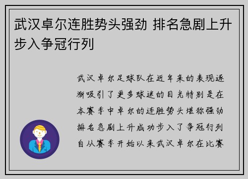 武汉卓尔连胜势头强劲 排名急剧上升步入争冠行列